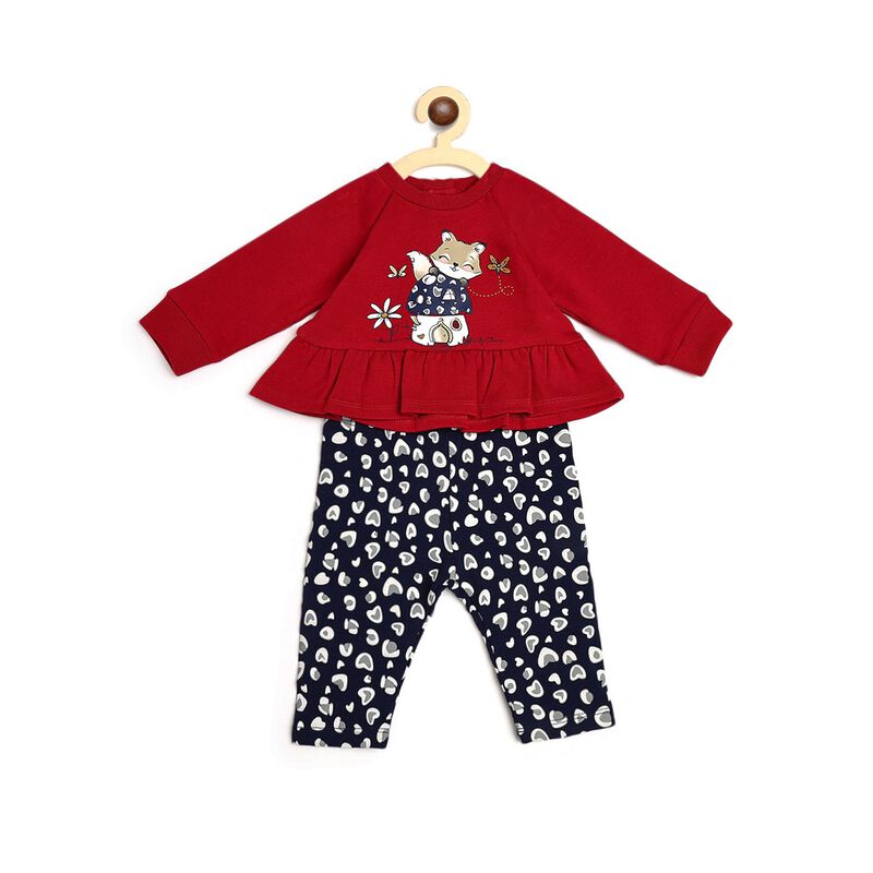 Girls Dark Pink Printed Sweatshirt with Leggings image number null